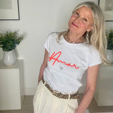 LUELLA - Amour White Cotton T-Shirt Sequin Heart Neon Orange Letters