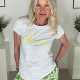 Amour White Cotton T-Shirt Sequin Heart Neon yellow Letters