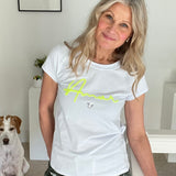 Amour White Cotton T-Shirt Sequin Heart Neon yellow Letters